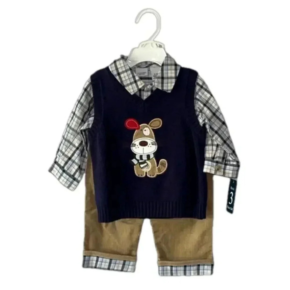 6-9 months 3 piece outfit sweater vest long sleeve button down corduroy pants - Picture 1 of 5